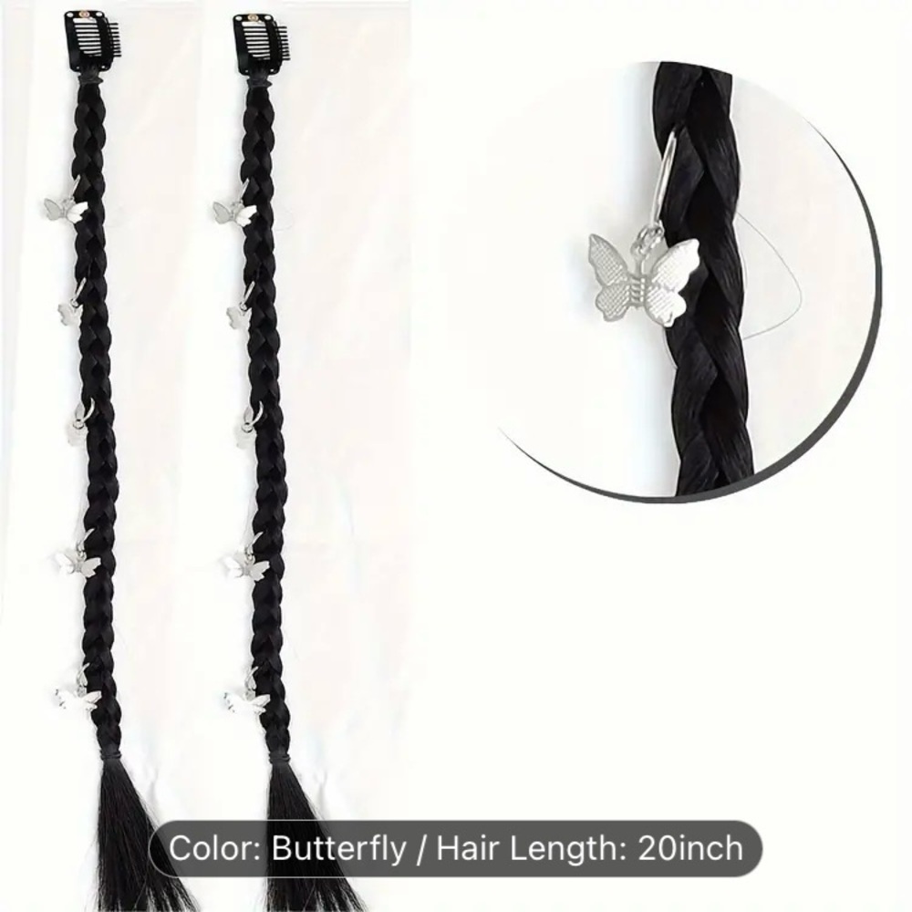 Butterfly Charm Braided Hair Extensions - 20" Clip-In - Whimsical Hair Accessory